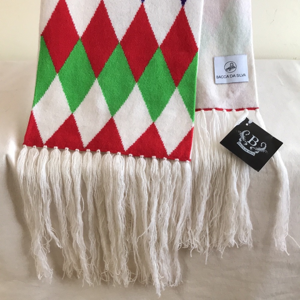 NWT Cashmere scarf Extra long rectangle Holiday red & green & purple & cream - Picture 2 of 10